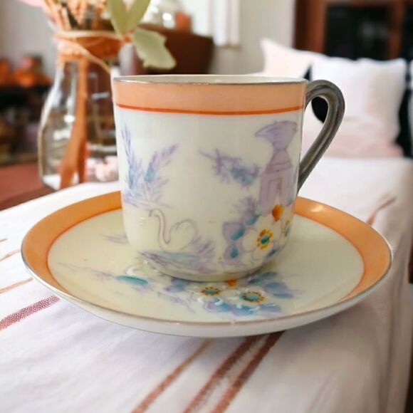 Lustreware Demitasse Espresso Cup Saucer Hotta Yu Shoten Moriage Swans Floral. - Picture 1 of 16